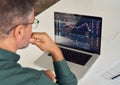 Investor trader analyzing trading market data inflation risk. Over shoulder. Royalty Free Stock Photo