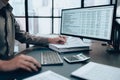 Investors working on desk office and using a pan and pointing to check tracking cost, balance, profit and currency. Accounting