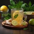 Invigorating glass cup of ginger-lemon infused tea with a touch of honey on a natural wooden table Royalty Free Stock Photo