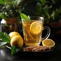 Invigorating glass cup of warm ginger lemon honey infused tea on rustic wooden table Royalty Free Stock Photo