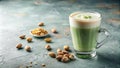 Invigorating matcha latte with roasted nuts and creamy foam. Generative AI Royalty Free Stock Photo