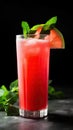 Invigorating tall glass of refreshing watermelon juice garnished with a sprig of fresh mint, a slice of juicy watermelon, and ice