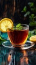 Invigorating tea composition mint, lemon garnish, isolated on black