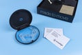 Invisalign transparent brackets container and package. Cleaning crystals and box