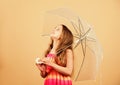 Invisible protection. Fall season. Enjoy rain concept. Love rainy days. Kid girl happy hold transparent umbrella. Enjoy