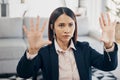 Invisible screen, hands and woman in office with virtual, tech and futuristic hologram for ai or programming work in