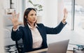 Invisible screen, hands and woman in office with virtual, tech and futuristic hologram for ai or programming work in