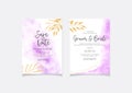 Light purple color wedding invitation card template with golden leaves, glitters and watercolor style