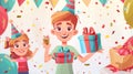 Invitation banners for kids birthday parties. Little girl receiving a gift from her boyfriend. Little child holding Royalty Free Stock Photo
