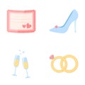 Invitation, bride`s shoes, champagne glasses, wedding rings. Wedding set collection icons in cartoon style vector symbol