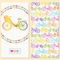 Invitation card with bike in the chain wreath, text love bike in rectangle frame. At the back six kinds of bicycles: mountain, roa Royalty Free Stock Photo