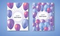Invitation card. Blue and violet realistic balloons filled with helium on blue background with text happy birthday. Royalty Free Stock Photo