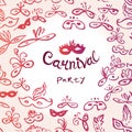 Invitation card. Carnival party inscription in a frame of painted masks. Beautiful masks of lace.