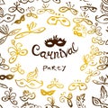 Invitation card. Carnival party inscription in a frame of painted masks. Beautiful masks of lace.