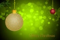 Invitation card for Christmas on a green bokeh background with glitter gold and red ball decoration Royalty Free Stock Photo