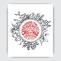 Invitation card for a Christmas party. Design template with xmas hand-drawn graphic illustrations. Greeting card with the New Year