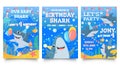 Invitation card with cute sharks. Baby shark birthday party, sharks family celebrate children birthday and invitations