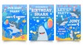 Invitation card with cute sharks. Baby shark birthday party, sharks family celebrate children birthday and invitations template