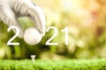 Invitation card design with ball for 2021 golf events. Space for text