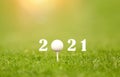 Invitation card with ball for 2021 golf events. Space for text