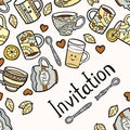 Invitation card with doodle tea accessories on light dotted background.