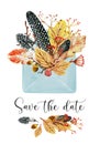 Invitation card with hand-drawn blue paper envelope, autumn oak leaves, berries, spotted feathers