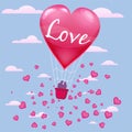 Invitation card of love and valentine day, hot air balloon with couple flying with heart float on the sky. Vector Royalty Free Stock Photo