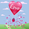 Invitation card of love and valentine day, hot air balloon with couple flying over grass with heart float on the sky