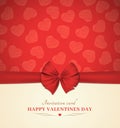 Invitation card for St. Valentine`s Day holiday. Beautiful lush red bow. Realistic tape. Background of hearts from scribbles. Tem
