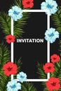 Seamless tropical vector pattern with hibiscus flowers and exotic palm leaves. Royalty Free Stock Photo