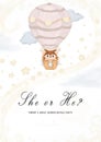 She or he? Invitation card template with the inscription on a white background with hot air balloon and animal, stars, sky. Royalty Free Stock Photo