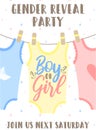 Invitation card template with pink, yellow and blue babygro and an inscription Boy or girl. Vector illustration for Gender reveal Royalty Free Stock Photo