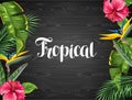 Invitation card with tropical leaves and flowers. Palms branches, bird of paradise flower, hibiscus Royalty Free Stock Photo