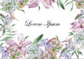 Invitation card with watercolor flowers. Clematis. Hydrangea.