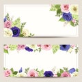 Invitation cards with colorful roses, lisianthuses and anemone flowers.