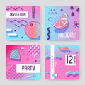 Invitation Cards in Geometric Trendy Memphis Style. Hipster Party Composition Template Posters, Advertising