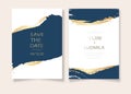 Invitation cards with luxurious gold and dark blue marble background texture and abstract ocean style vector template for wedding Royalty Free Stock Photo