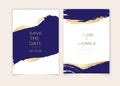 Invitation cards with luxurious gold and dark blue marble background texture and abstract ocean style vector template for wedding Royalty Free Stock Photo