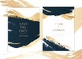 Invitation cards with luxurious gold and dark blue marble background texture and abstract ocean style vector template Royalty Free Stock Photo