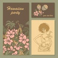 Invitation cards for a party in Hawaiian style with flowers, palm trees and girl with cocktail