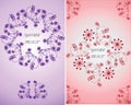 Invitation for celebration.Vector floral ornament in lilac and pink backgrounds. Royalty Free Stock Photo