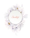 Invitation or congratulation card with elegant flower composition. Blooming white magnolias formed composition on the