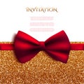 Invitation decorative card with red bow and gold shiny glitter