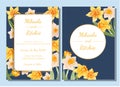 Vector Watercolor Navy and Yellow Daffodil Floral Wedding Invitation Template Set