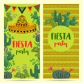 Invitation for fiesta party with sombrero, cacti and ethnic ornament.