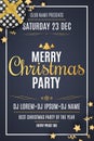 Invitation flyer for Christmas party. Golden stars with confetti and serpentine. Gift box with bow. Stylish lettering. DJ and club Royalty Free Stock Photo