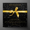 Invitation, Gift certificate or Voucher template with luxurious gold bow, ribbon on black textured background