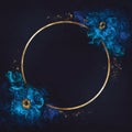 Blue Poppy flowers and golden texture circle frame. Digital painting Royalty Free Stock Photo