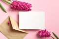 Invitation or greeting card mockup with envelope and spring hyacinth flowers on pink paper background Royalty Free Stock Photo