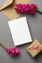 Invitation or greeting card mockup with hyacinth flowers, envelope and gift box on grey Royalty Free Stock Photo